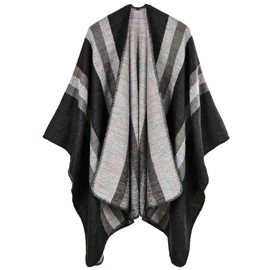 PAMEILA Women's Travel Plaid Shawl Wraps Open Front Poncho Cape Warm Oversized Sweaters Casual Cardigan Shawls for Fall Winter,Series 04-Stripe black