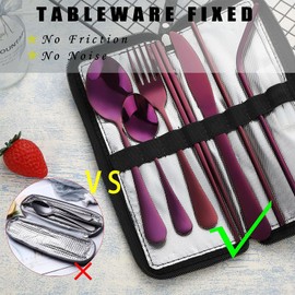 Portable Travel Utensils, Reusable Silverware with Case for Fixing Tableware, 9 Pieces Stainless Steel Stable Flatware Set, Camping Picnic Cutlery Set (Purple Set)