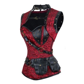Charmian Women's Steel Boned Retro Goth Brocade Steampunk Bustiers Corset Top with Jacket and Belt Red Medium