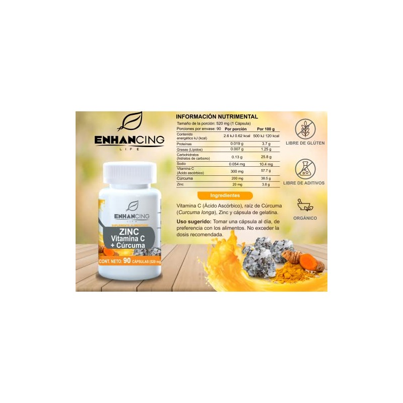 ZINC, Vitamina C y Cúrcuma Maxima Absorción Formula PREMIUM
