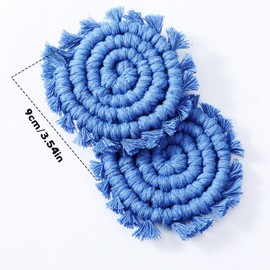 2PCS Cotton Coaster, Handmade Knitted Car Coasters for Cup, Universal Boho Holders, Auto Macrame Non-Slip Cup Holder, Removable Car Interior Accessories for Keep Vehicle Clean - Blue
