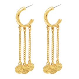 Ben-Amun Jewelry Long Chain Dangle Coin 24k Gold Plated Statement Hoop Earrings Made in New York, 60116