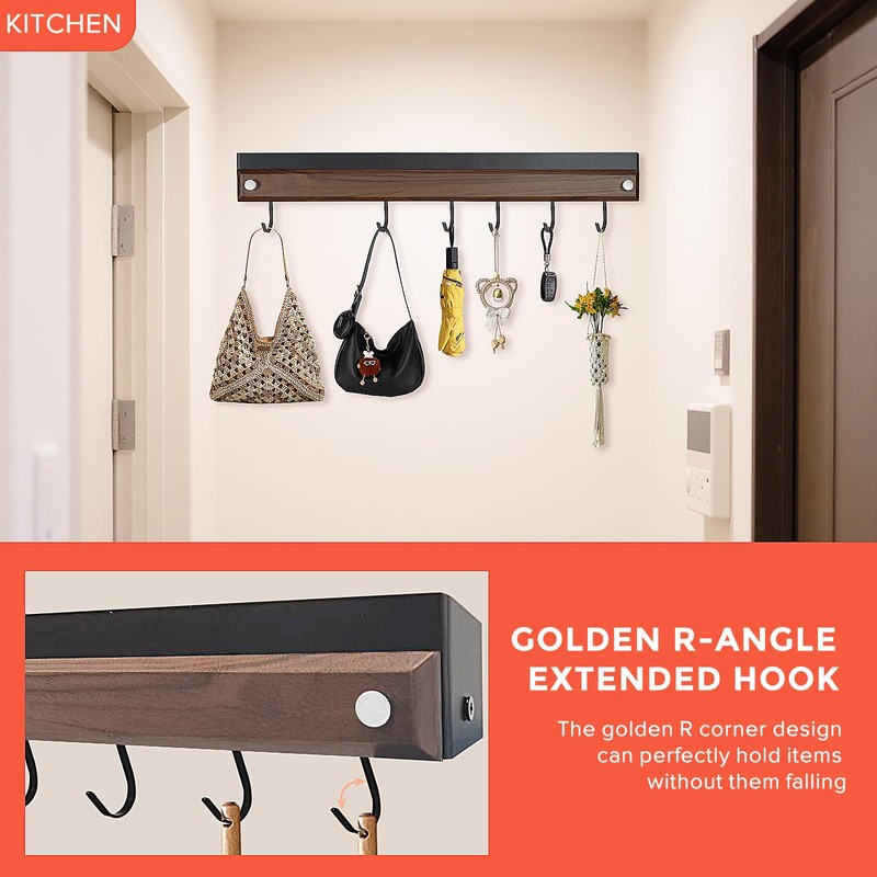 CAUSXIAOFA Hanging Pot Rack, Aluminum Walnut Wood, No Drill |