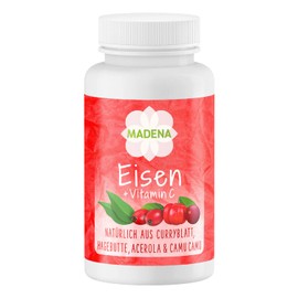 MADENA Iron Vitamin C, Natural Iron 14 mg from Curry Leaf and 3 Different Vitamin C Sources 80 mg, from Rosehip, Acerola and Camu Camu, 120 Capsules