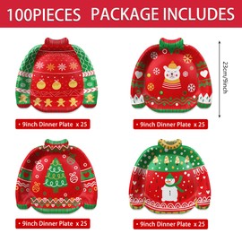 JVORFDG 100pcs Christmas Ugly Sweater Plates Party Supplies Xmas Disposable Dinnerware Set Dinner Paper Plates for Ugly Sweater Party 9 Inch
