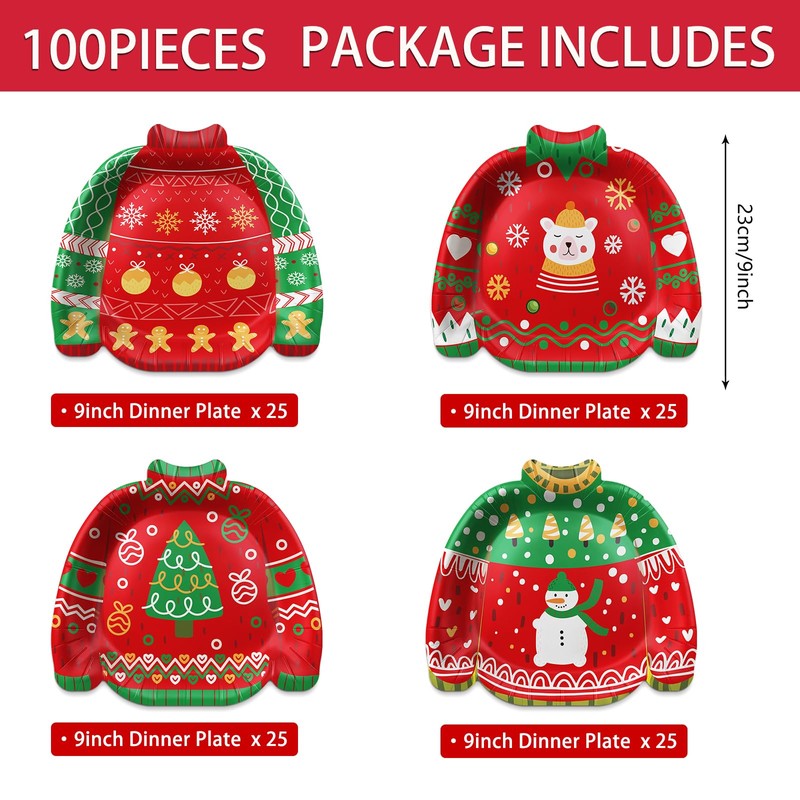 JVORFDG 100pcs Christmas Ugly Sweater Plates Party Supplies Xmas Disposable