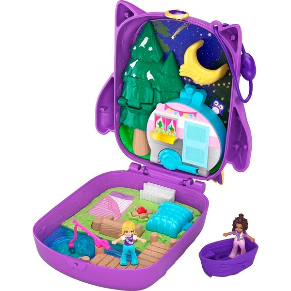 Polly Pocket Pocket World Owlnite Campsite Compact with Fun Reveals, Micro Polly and Shani Dolls, Boat and Sticker Sheet for Ages 4 and Up []