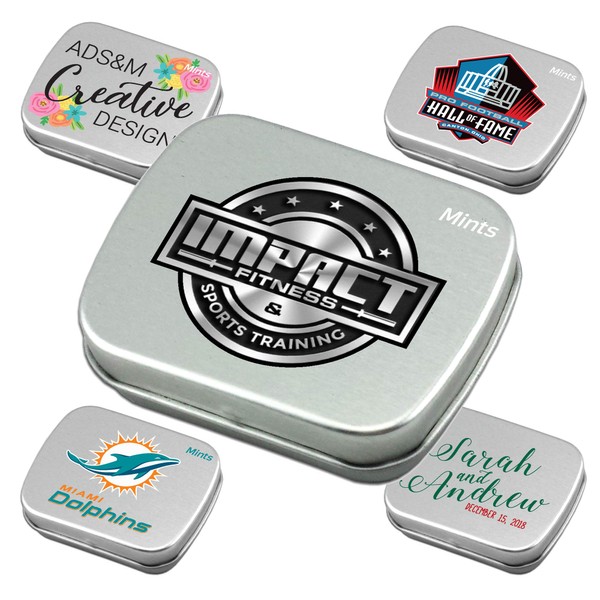 Personalized Mint Tins with Sugar-Free Peppermint Candies—Bulk 100-Piece Pack—Each Tin is Filled with About 85 Delicious Mini Candies. Custom Promotional Products for Business, Events.