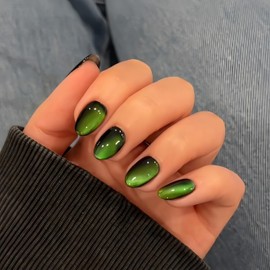 KQueenest Cat Eye Press on Nails Short Oval, 30 Pcs Neon Green Fake Nails Short Round, Sparkly Glitter Black Glue on Nails Almond, Reusable Shiny Chrome False Nails for Women Summer Decoration