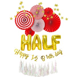 regalo Half Birthday Decoration, Red, New Year, Celebration, Decoration Set, Girl, 1/2, Paper Fan, Star, Garland, Birthday Decoration (Red)