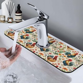 Colorful Farmhouse Chicken Kitchen Sink Splash Guard Faucet Mat, Super Absorbent Fast Drying Mat for Bathroom, Farmhouse Rooster Decor Gifts, 5.5x15 in