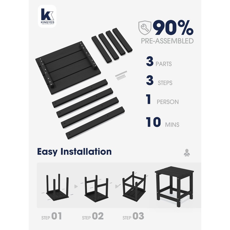 KINGYES Adirondack Side Table, Patio Outdoor Rectangular End Table, Black