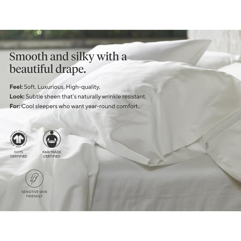 Coyuchi Classic Sateen Sheet Set Twin, Cerulean, 100% GOTS Certified