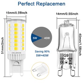 G9 LED Bulb Dimmable, 5W (40W Halogen Equivalent) 480LM Daylight White 6000K AC 110V-130V Bi pin LED Bulb G9 Base for Home Lighting 6-Pack