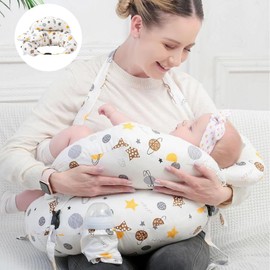 Breastfeeding Nursing Pillow, 3 in 1 Multifunctional Breastfeeding Baby Feeding Pillow with Adjustable Waist Belt &Safety Rail&Removable Pillow, 100% Cotton Detachable Pillowcase Pregnancy Gift