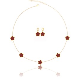 Qinpan Gold Plated Five Leaf Clover Necklace Bracelet and Dangle Earrings Set for Women Lucky Flower Jewelry (Burgundy-14K Gold Plated)