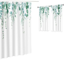 YISURE Sage Green Eucalyptus Shower Curtain and Window Curtain for Bathroom 2 Pcs Set Watercolor Leaves on The Top Plant with Floral Bathroom Decoration Shower Curtain Sets 72x72 Inch with 12 Hooks