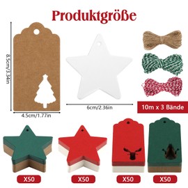 Christmas Gift Tags, Pack of 200 Gift Tags Star, Christmas Tags Paper with 30 m Jute Cord, Labels for Labelling, Kraft Paper Tags for Gifts, Christmas Trees Bottles