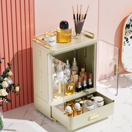 3-Tier Large Capacity Makeup Organizer Countertop with Drawer, 10" Tall Storage Cabinet for Perfume, Cosmetic, Skincare and More, Bathroom Organizer Countertop is an Ideal Present for Her, beige