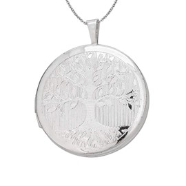 Sterling Silver Rhodium Tree of Life Round Locket 18" Diamond Cut Cable Chain Necklace
