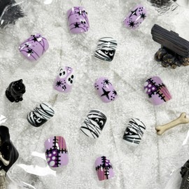 Press On Nails - Short Square Fake Nails, Purple with Cute Ghost Mummy Designs, Full Cover False Nails, 24Pcs