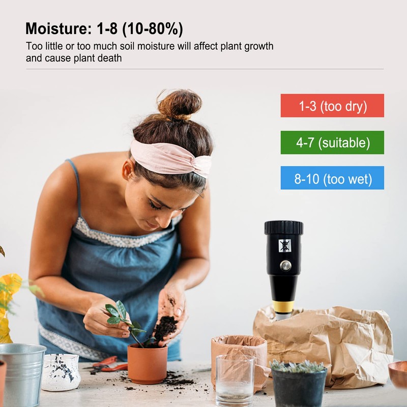 Soil pH Tester, Temperature/Soil Moisture/pH/Sunlight/Environment Humidity/Data Storage Backlight LCD Display