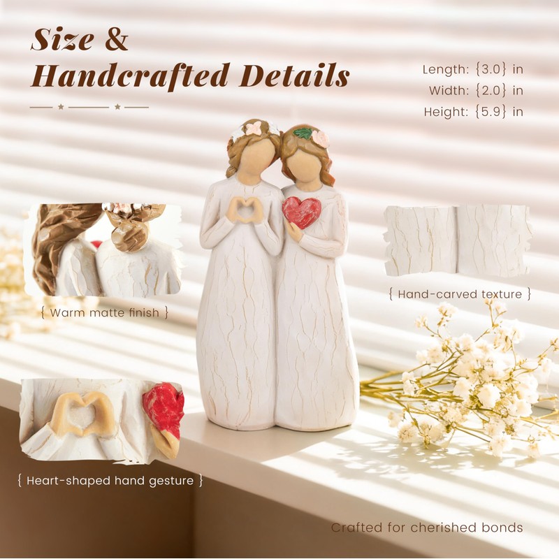 Dekismeos Sister Figurine with Heart, Two Sisters Resin Sculpture as