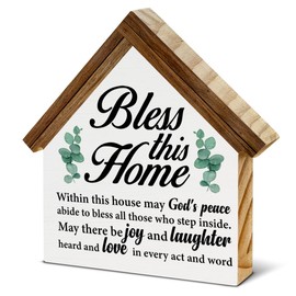 Housewarming Gifts House Blessing Gifts for New Home Bless This Home Wooden Block Sign Religious House Shaped Sign Decor for Home Desk Table Shelf