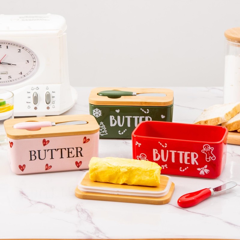 YumiPLUS Pink Ceramic Butter Dish with Bamboo Lid and Knife,