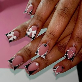 24Pcs Zebra Stripe French Tip Press on Nails Short Square Fake Nails with 3D Bow Flower Designs Nude Pink False Nails Reusable Acrylic Nails Cute Glue on Nails for Women Nail Decoration