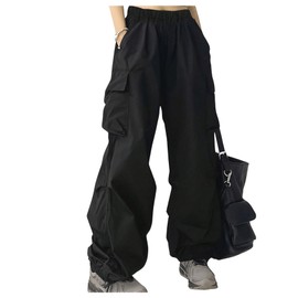 RoseSeek Girl's Baggy Cargo Pants Elastic Waist Wide Leg Sweatpants Casual Athletic Joggers with Pockets Black 10Y
