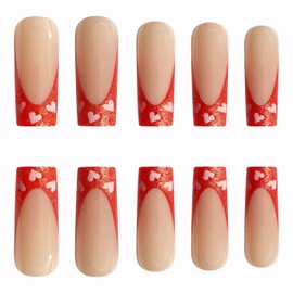BABALAL Heart Press on Nails Long Square Fake Nails Red Chrome French Tip Glue on Nails Design Glitter Shiny Acrylic Nails 24Pcs Squoval Manicure False Nails for Women and Girls