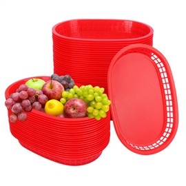 KUKLIPJIM 60 Pack Fast Food Baskets, 10.6 x6. 7 Inch Versatile Red Plastic Food Baskets, Food Service Tray for Burgers, Fries, Sandwiches, Hot Dogs, Barbecues, Picnics, Parties, Durable and Safe