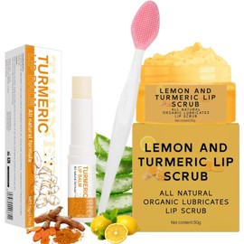 Juego De 3 Exfoliantes Labiales De Cúrcuma Y Limón Y Bálsamo Labial De Cúrcuma Con Brocha. Elimina Las Líneas De Expresión De Los Labios. Exfoliante Labial Natural Con Azúcar Nutritivo Para