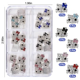30Pcs Cute Cat Nail Charms 3D Nail Rhinestones Shiny 6 Mixed Colors Kwaii Diamond Crystal Nail Glitter Studs Alloy Nail Gems for Valentine's Day Beauty Manicure Nail Art Decoration