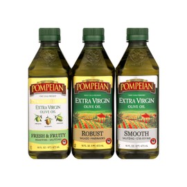 Pompeian Extra Virgin Olive Oil Variety Pack - Smooth EVOO, Gourmet Selection EVOO, Robust EVOO, Contains Polyphenols, First Cold Pressed, 16 Fl Oz, Pack of 3