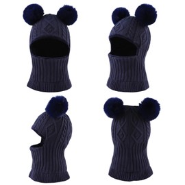 JANGANNSA Winter Pompom Girls Beanie Infant Toddler Balaclava Baby Boys Hat Scarf Warm Knitted Kids Beanie (Navy, 3-10 Years)