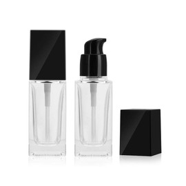 OHEETU 2Pcs 30ML/1oz Empty Square Clear Glass Lotion Pump Bottles with Black Pump Head Refillable Sample Emulsion Cream Foundation Cosmetics Makeup Storage Containers Dispenser Vials