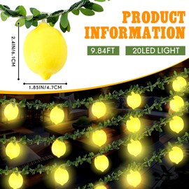 Baquler 2 Pcs 3D Lemon LED String Lights Battery Operated Spring Summer Artificial Fruit Garland 19.68ft 40leds Lemon Light Bulbs with Branches Leaves Fairy Lights for Wedding Party Table Decorations