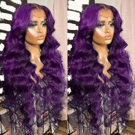 Missyvan Purple Body Wave 13x4 Lace Frontal Wigs HD Lace Front Wigs Glueless Pre Plucked Bluish Violet Glueless Wigs 28 Inch Soft Hair Natural Hair Line Baby Hair Heat Resistant