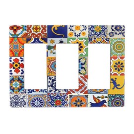 Mexican Moroccan Colorful Boho Tile 3 Gang Triple Rocker/Decorator Light Switch Wall Plate Cover Decorative GFCI Electrical Faceplate Switchplate