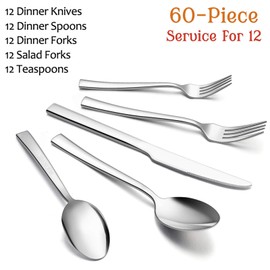 E-far 60-Piece Silverware Set, Stainless Steel Flatware Set Service for 12, Tableware Cutlery Set for Home Restaurant Party, Dinner Forks/Spoons/Knives, Square Edge & Mirror Polished, Dishwasher Safe