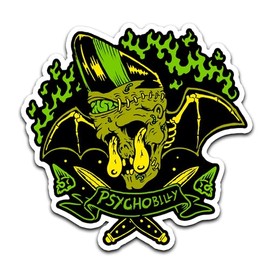 4"Psychobilly Zombie Horror Sticker Bat Wing Zombie Pompadour Skull and Daggers Horror Punk Waterproof Sticker for Car Auto or Laptop Decal