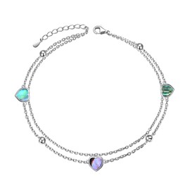 DAOCHONG Heart Layer Anklet for Women S925 Sterling Silver Elegant Foot Chain Hearts Beads Charm Abalone Shell Boho Beach Double Layer Anklets Bracelet Adjustable 9 to 10.5 inches