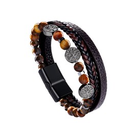 Dochais Men's Bracelet, Stainless Steel Genuine Leather Bracelet, Jesus Christ Crucifix Cross Bracelet, Natural Stone Braided Bracelet with Magnetic Clasp, Jewellery Gifts for Men, 21.0 cm, Stainless