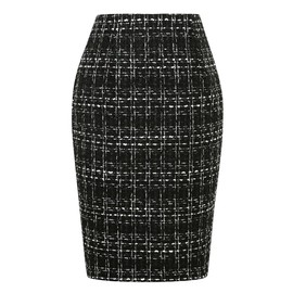 Womens Tweed Pencil Skirt Fall Winter High Waisted Slit Bodycon Knee Length Plaid Midi Skirt (Tweed Black, M)