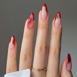 Red French Tip Press on Nails Almond Fake Nails with Glue Glossy Red Nails Press on Acrylic Nails Gold False Nails Wavy Abstract Lines Full Cover Glue on Nails Medium Length Stick on Nails for Women