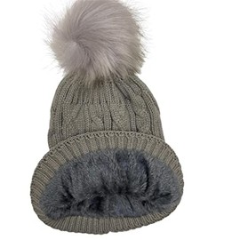 YAHOMI® Ladies Warm Chunky Cable Knit Hat Women's Girl's Winter Fleece Lined Beanie Hats with Faux Fur Pom Pom (Grey)