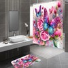 DDQQ 4Pcs Pink Glitter Floral Shower Curtain Set Rose Bathroom