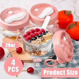 4 Pcs Overnight Oats Container with Lids and Spoons, 20 oz Plastic Overnight Oats Jars Large Capacity Airtight Yogurt Container for Milk, Fruit, Cereal and Salad Storage (Pink)